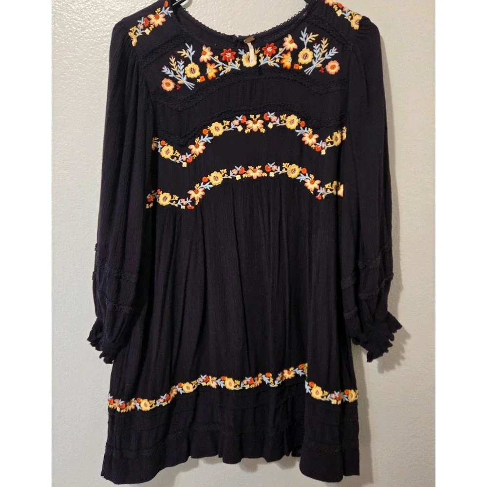 Free People Pasadena Floral Embroidered Long Sleeve Dress With Liner Black Small